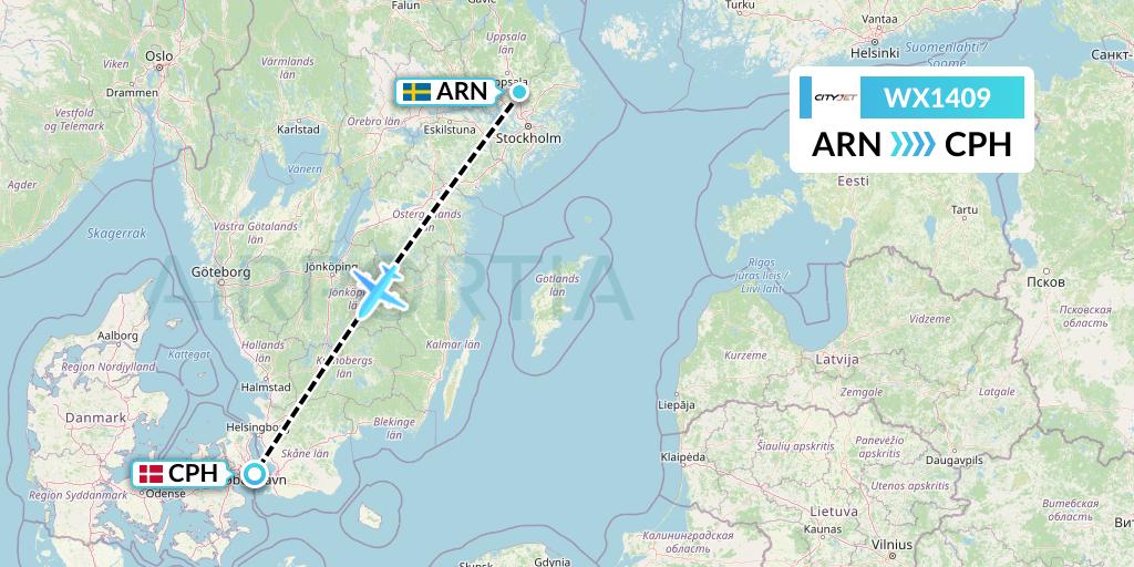 WX1409 Cityjet Flight Map: Stockholm to Copenhagen
