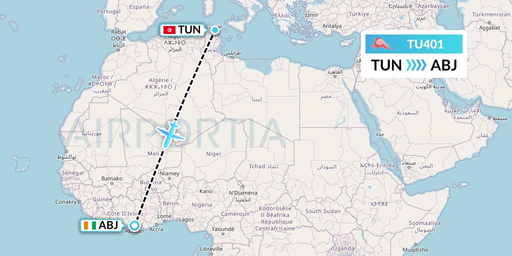 TU401 Tunisair Flight Map: Tunis to Abidjan
