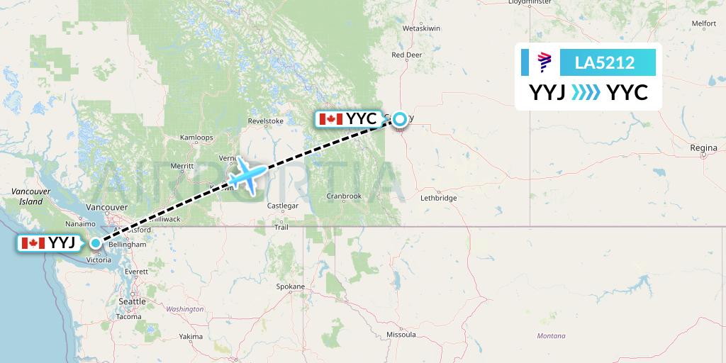 LA5212 LAN Airlines Flight Map: Victoria to Calgary