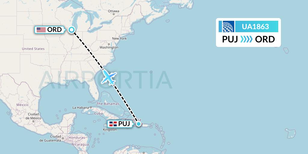 UA1863 United Airlines Flight Map: Punta Cana to Chicago