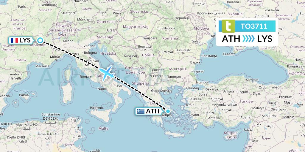TO3711 Transavia France Flight Map: Athens to Lyon