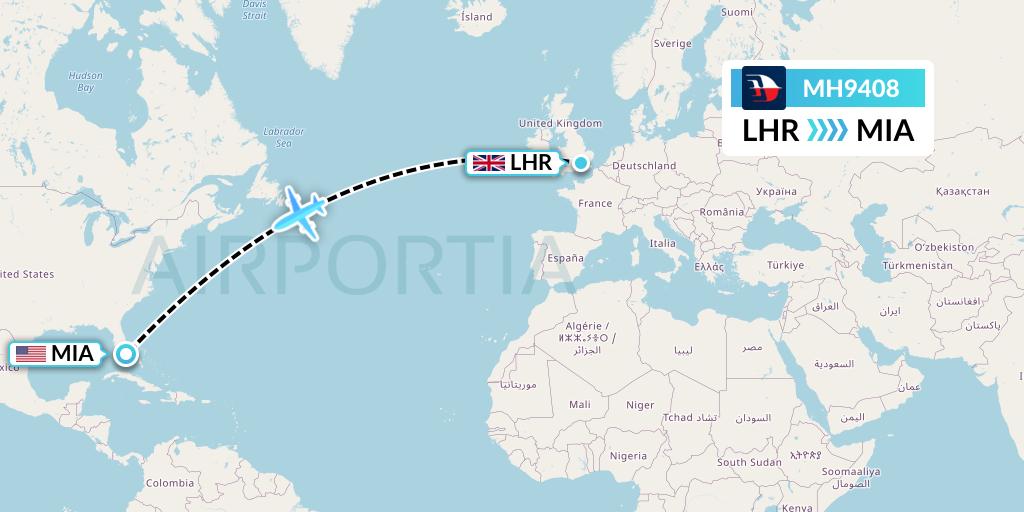 MH9408 Malaysia Airlines Flight Map: London to Miami