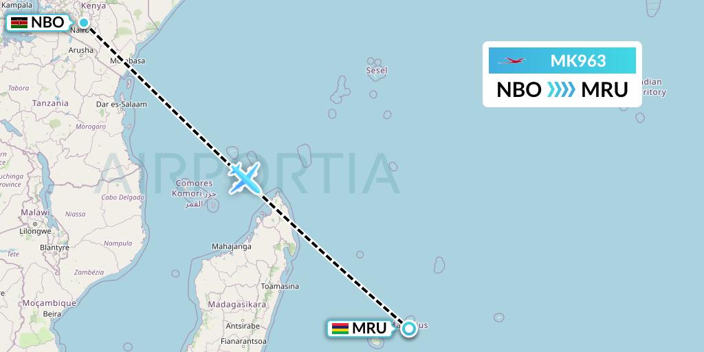 MK963 Air Mauritius Flight Map: Nairobi to Port Louis