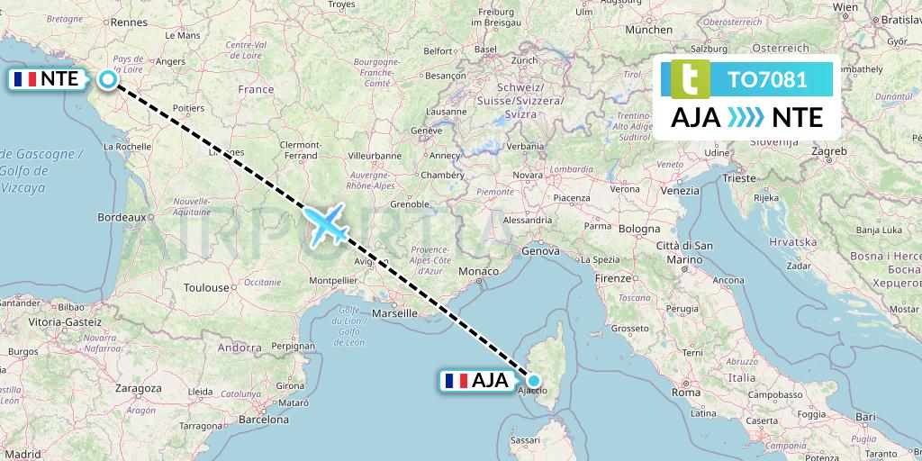 TO7081 Transavia France Flight Map: Ajaccio to Nantes