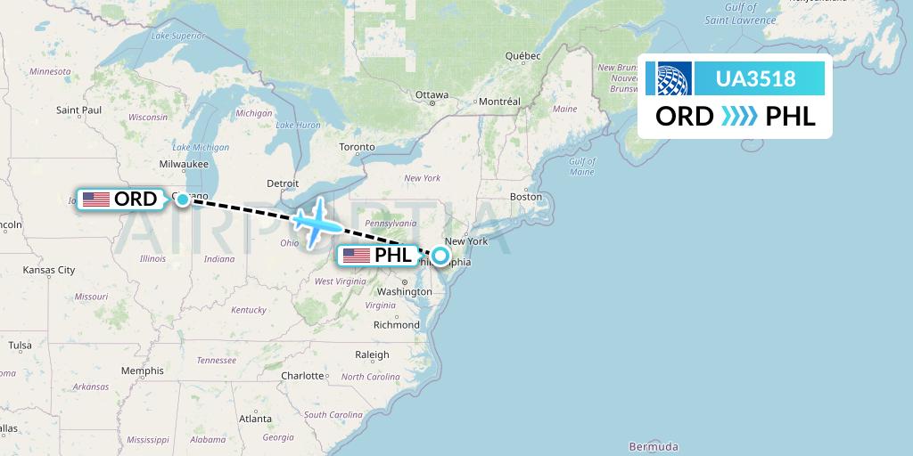 UA3518 United Airlines Flight Map: Chicago to Philadelphia