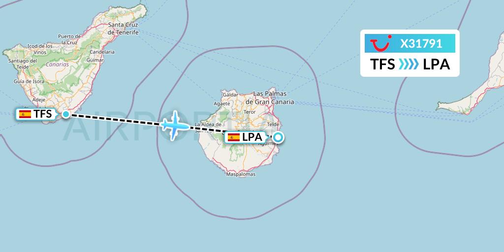 X31791 TUI fly Germany Flight Map: Tenerife to Las Palmas