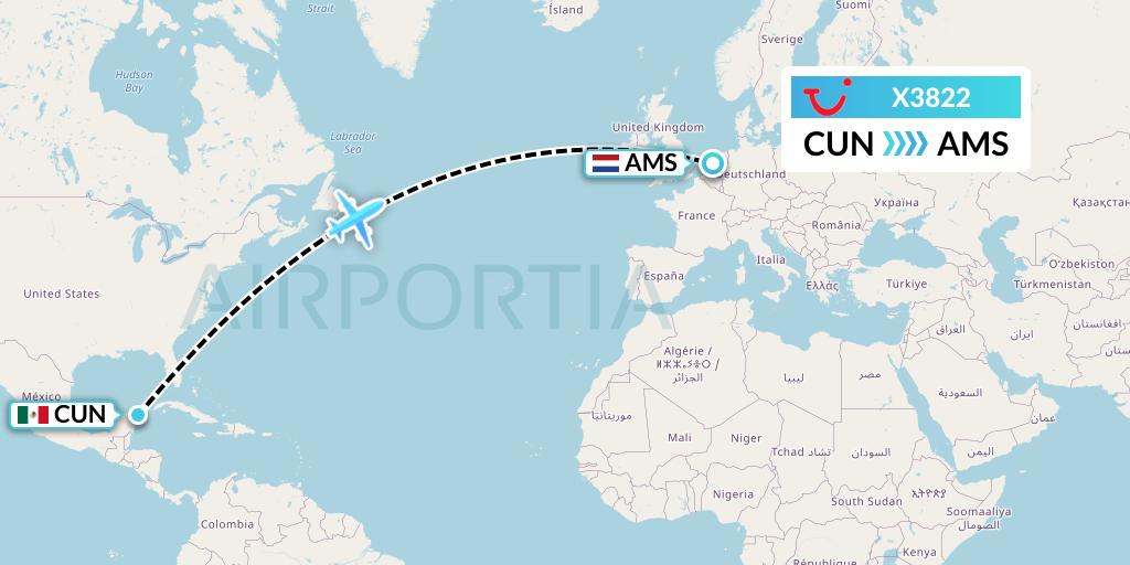 X3822 TUI fly Germany Flight Map: Cancun to Amsterdam