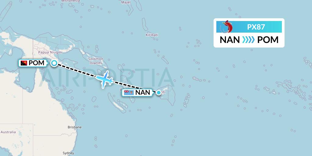 PX87 Air Niugini Flight Map: Nadi to Port Moresby