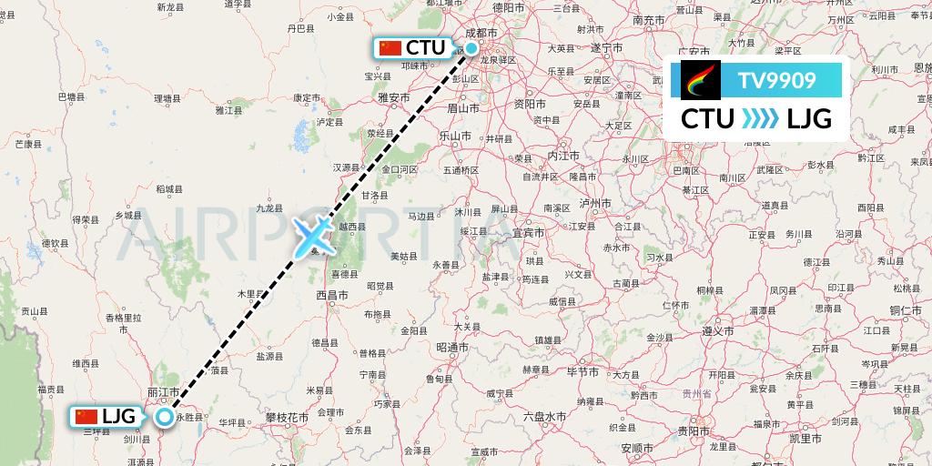 TV9909 Tibet Airlines Flight Map: Chengdu to Lijiang