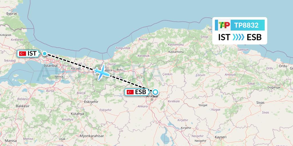 TP8832 TAP Portugal Flight Map: Istanbul to Ankara