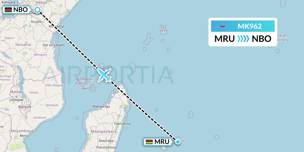 MK962 Air Mauritius Flight Map: Port Louis to Nairobi