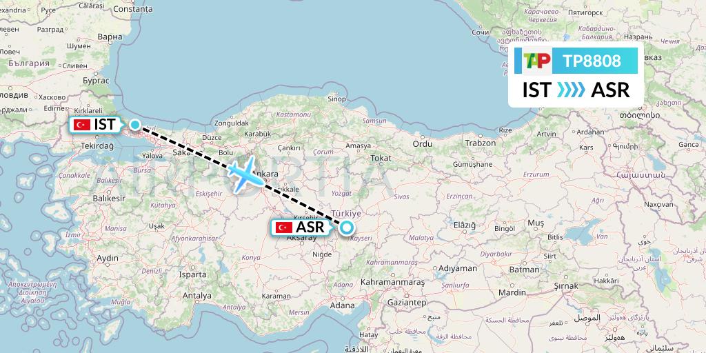 TP8808 TAP Portugal Flight Map: Istanbul to Kayseri