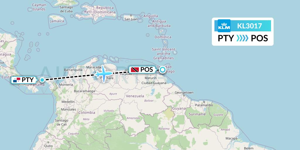 KL3017 KLM Flight Map: Panama City to Port of Spain