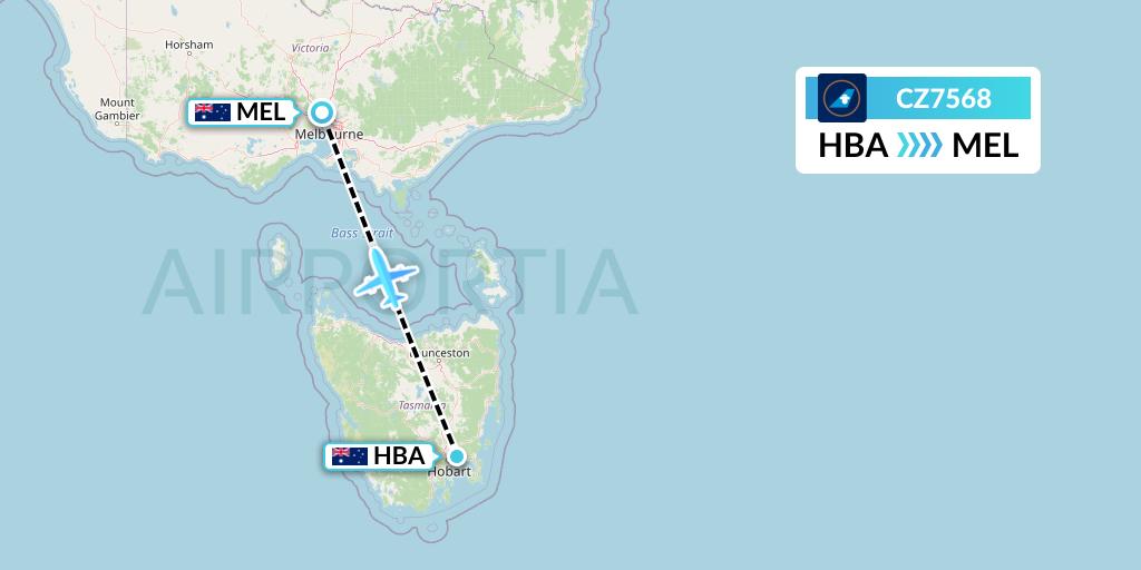 CZ7568 China Southern Airlines Flight Map: Hobart to Melbourne