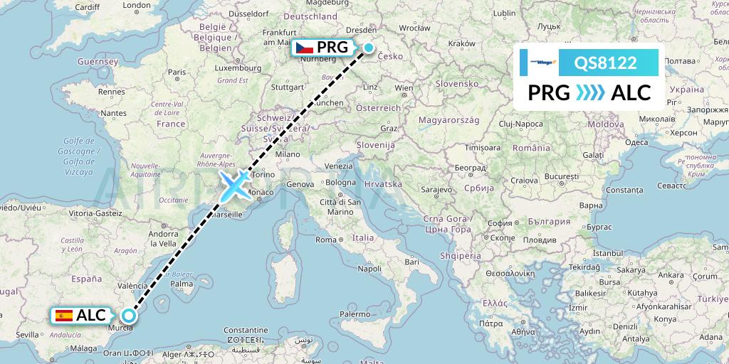 QS8122 Smartwings Flight Map: Prague to Alicante