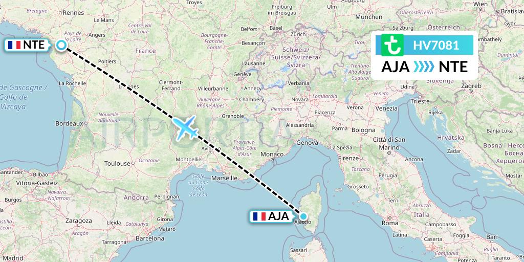 HV7081 Transavia Flight Map: Ajaccio to Nantes
