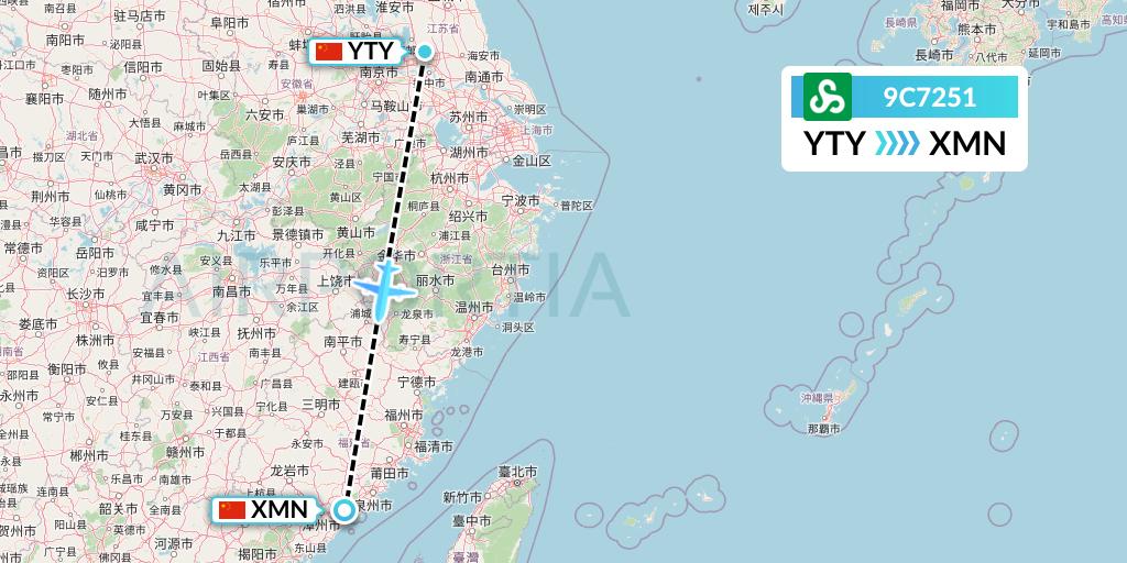 9C7251 Spring Airlines Flight Map: Yangzhou to Xiamen