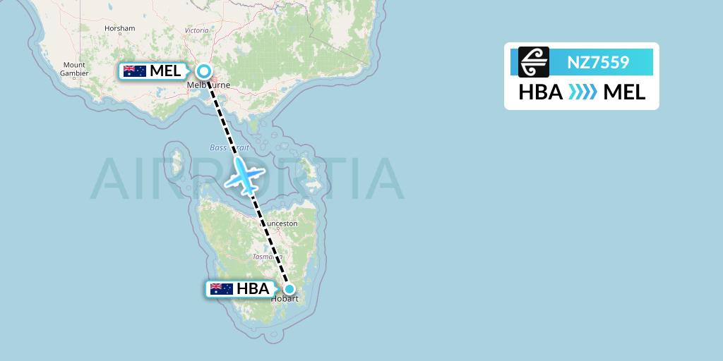 NZ7559 Air New Zealand Flight Map: Hobart to Melbourne