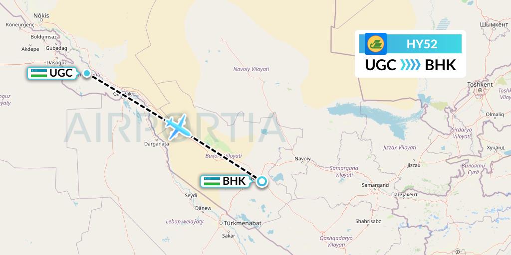 HY52 Uzbekistan Airways Flight Map: Urgench to Bukhara