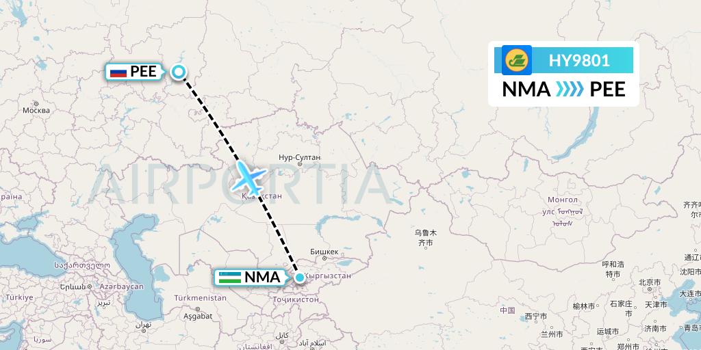 HY9801 Uzbekistan Airways Flight Map: Namangan to Perm