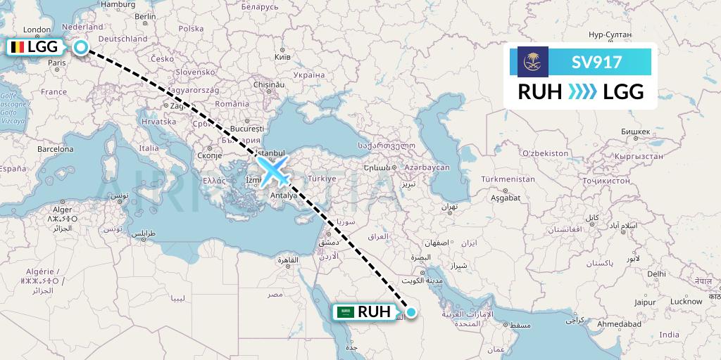SV917 Saudi Arabian Airlines Flight Map: Riyadh to Liege