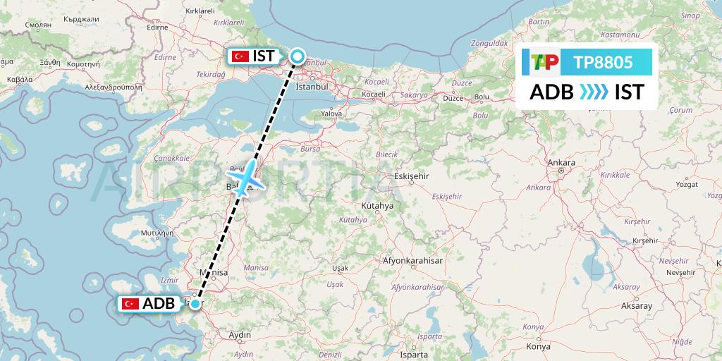 TP8805 TAP Portugal Flight Map: Izmir to Istanbul