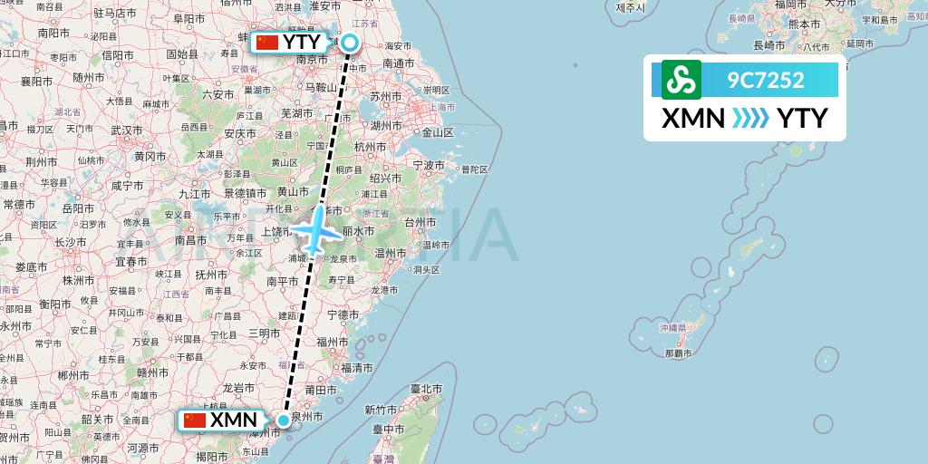 9C7252 Spring Airlines Flight Map: Xiamen to Yangzhou