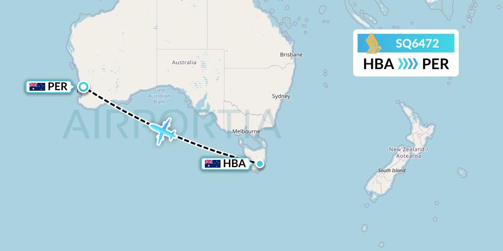 SQ6472 Singapore Airlines Flight Map: Hobart to Perth