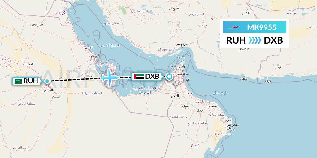 MK9955 Air Mauritius Flight Map: Riyadh to Dubai