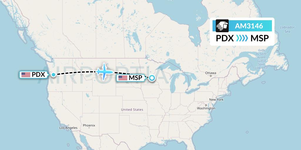AM3146 Aeromexico Flight Map: Portland to Minneapolis
