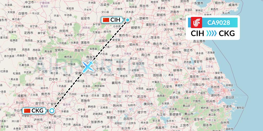 CA9028 Air China Flight Map: Changzhi to Chongqing