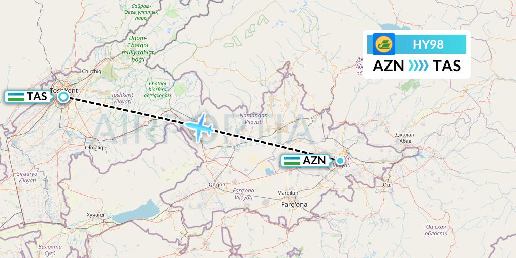 HY98 Uzbekistan Airways Flight Map: Andizhan to Tashkent