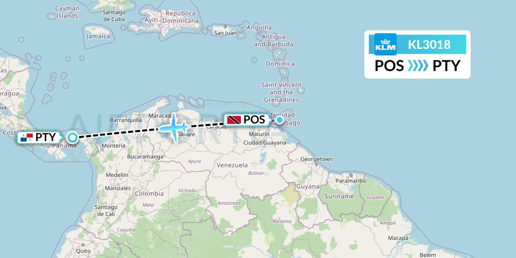 KL3018 KLM Flight Map: Port of Spain to Panama City