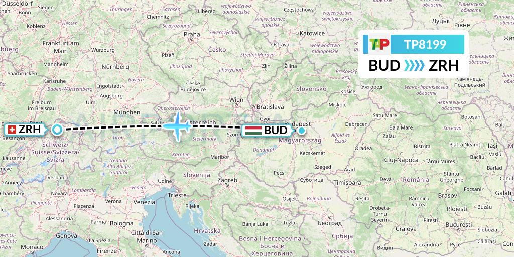 TP8199 TAP Portugal Flight Map: Budapest to Zurich