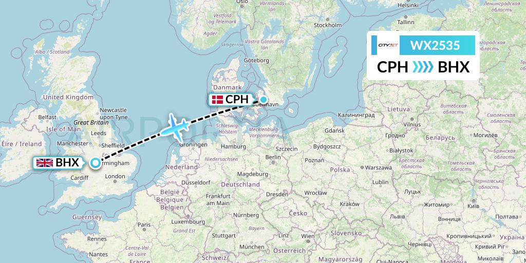 WX2535 Cityjet Flight Map: Copenhagen to Birmingham