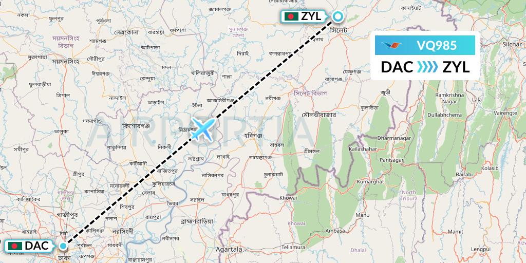VQ985 Novoair Flight Map: Dhaka to Sylhet