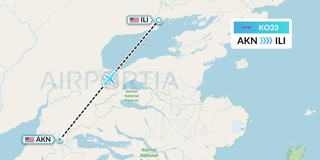 KO33 Komiaviatrans Flight Map: King Salmon to Iliamna