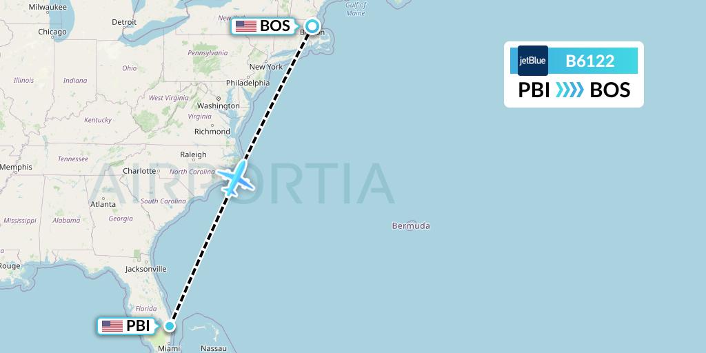 B6122 JetBlue Airways Flight Map: West Palm Beach to Boston