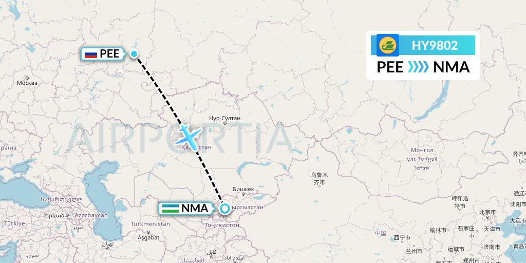 HY9802 Uzbekistan Airways Flight Map: Perm to Namangan