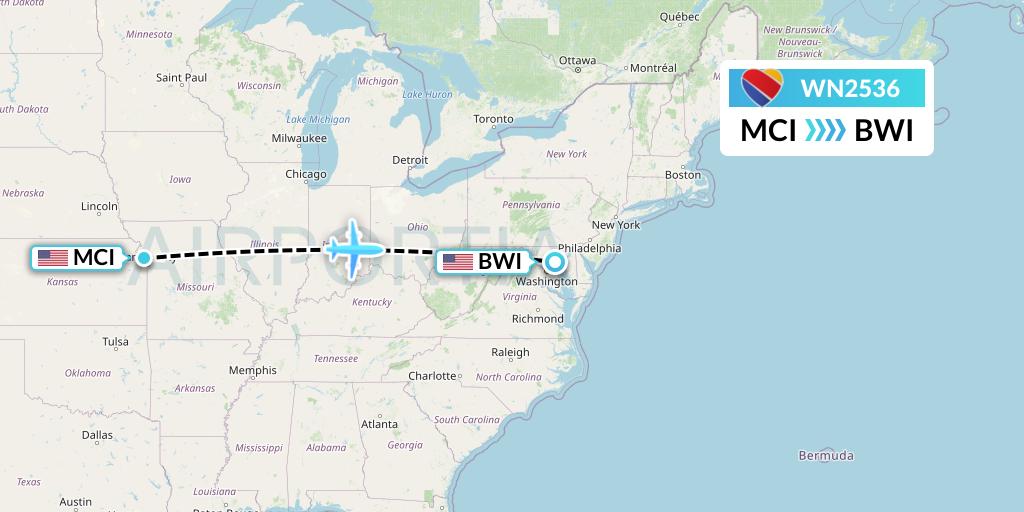 WN2536 Southwest Airlines Flight Map: Kansas City to Baltimore