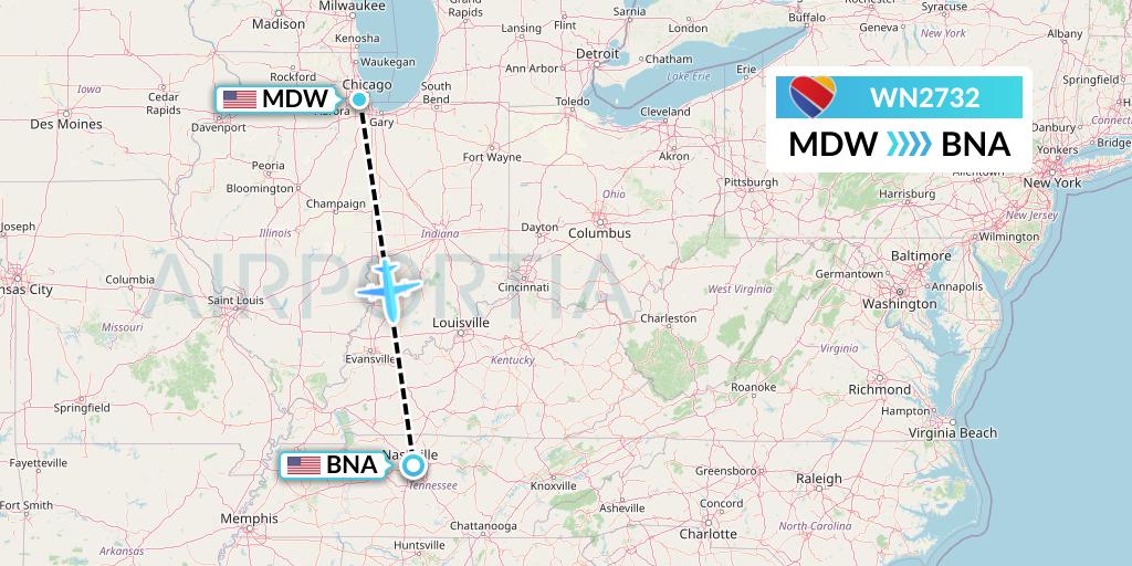 WN2732 Southwest Airlines Flight Map: Chicago to Nashville