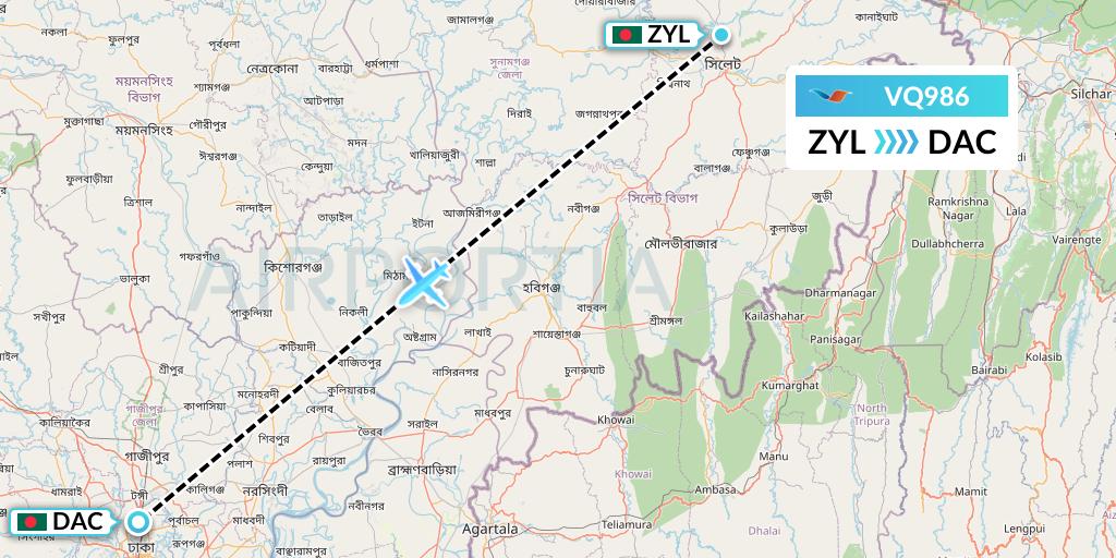VQ986 Novoair Flight Map: Sylhet to Dhaka