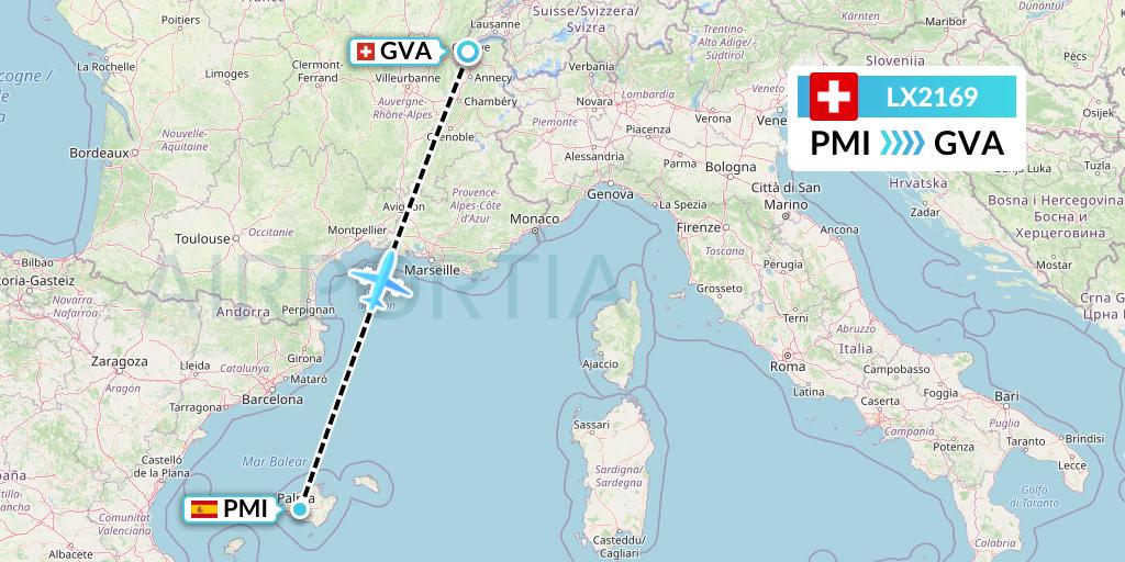 LX2169 Swiss Flight Map: Palma de Mallorca to Geneva