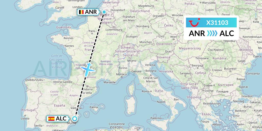 X31103 TUI fly Germany Flight Map: Antwerp to Alicante