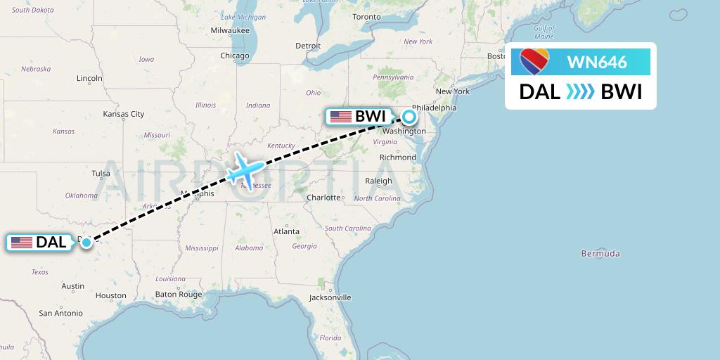 WN646 Southwest Airlines Flight Map: Dallas to Baltimore