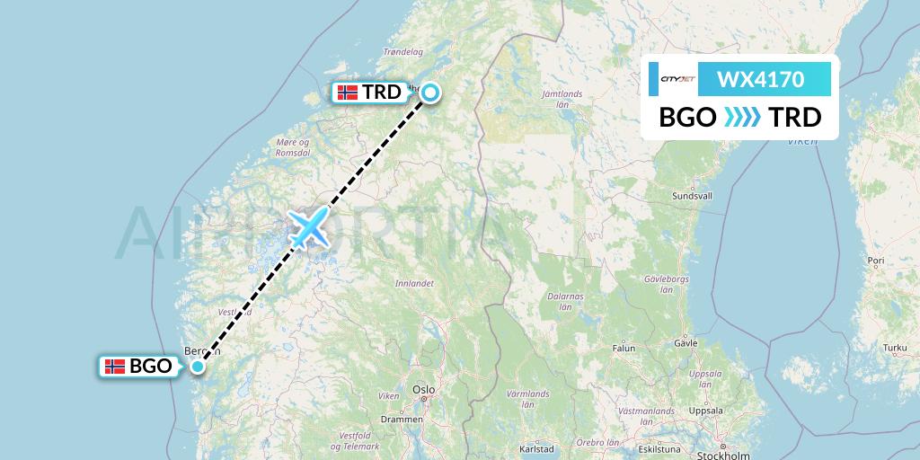 WX4170 Cityjet Flight Map: Bergen to Trondheim