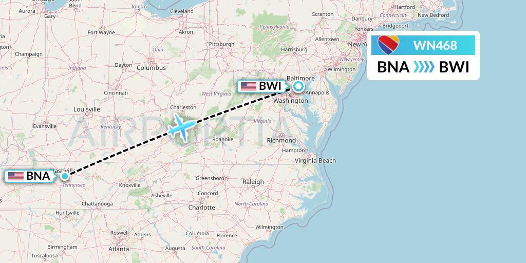 WN468 Southwest Airlines Flight Map: Nashville to Baltimore