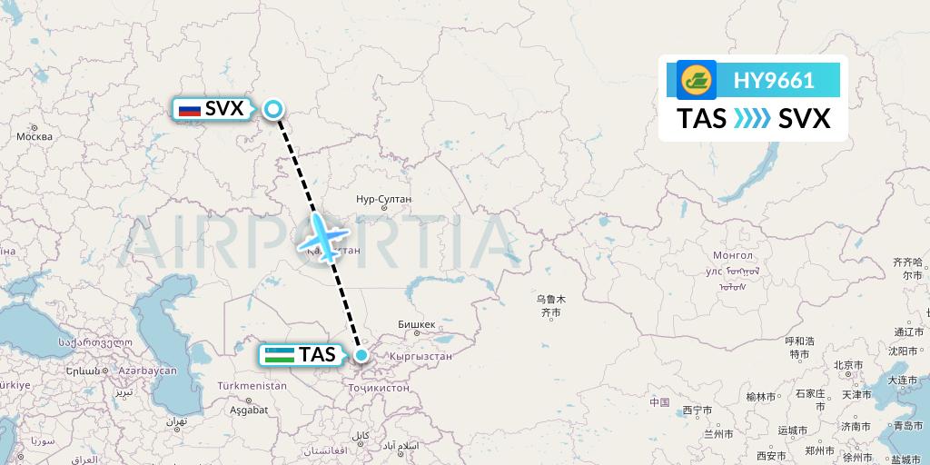 HY9661 Uzbekistan Airways Flight Map: Tashkent to Yekaterinburg