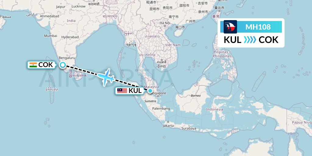 MH108 Malaysia Airlines Flight Map: Kuala Lumpur to Cochin