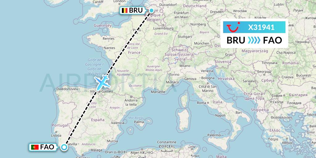 X31941 TUI fly Germany Flight Map: Brussels to Faro